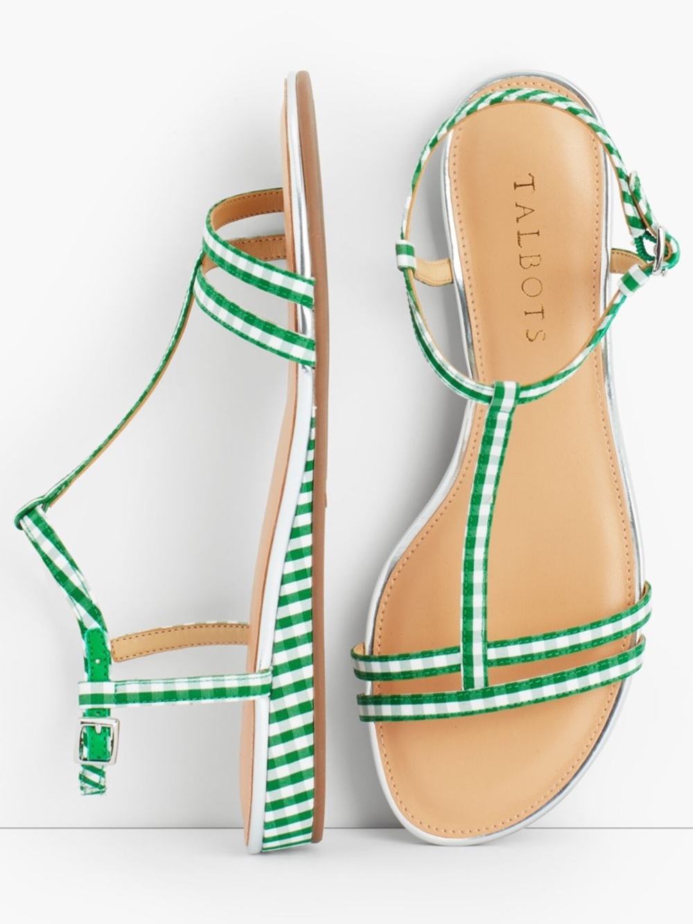 Talbots Daisy Micro-Wedge Strappy Sandals Green Gingham Women’s 6